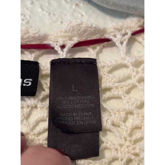 Vintage DKNY Jeans Ivory Crochet Lace Button Up Cardigan With Red Ribbon Tie - Picture 4 of 11